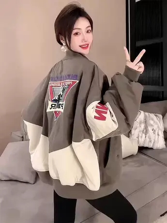 美式拼色刺绣夹棉棒球服外套女2023秋冬设计感潮牌宽松休闲夹克潮图片