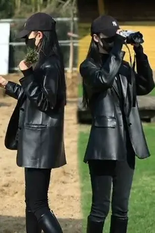 休闲皮衣外套女士2023春秋新款海宁pu皮机车服宽松时尚小西装夹克商品大图