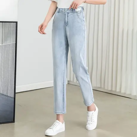 高腰浅色牛仔裤女2023年新款春夏薄款女裤小个子九分裤萝卜哈伦裤商品大图
