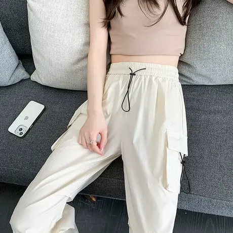 白色工装阔腿裤女夏季薄款高腰宽松显瘦束脚休闲ins抽绳速干裤潮图片