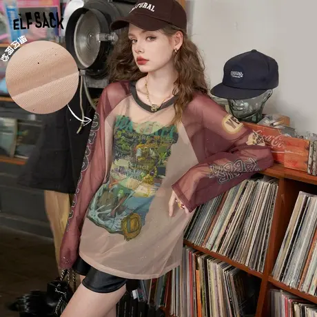 妖精的口袋美式复古t恤女2023秋季新款宽松印花圆领防晒长袖上衣商品大图