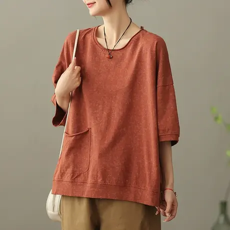 dza文艺复古纯色全棉T恤女2023夏季口袋短袖体恤气质漂亮打底上衣商品大图