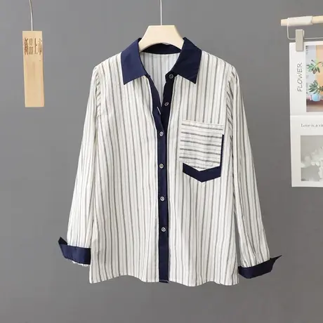 春装新款洋气条纹衬衫女拼接polo领宽松显瘦衬衣长袖打底衫上衣潮商品大图