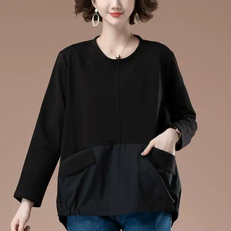 长袖t恤女春秋新款加肥加大码女装宽松中长款个性拼接显瘦打底衫商品大图