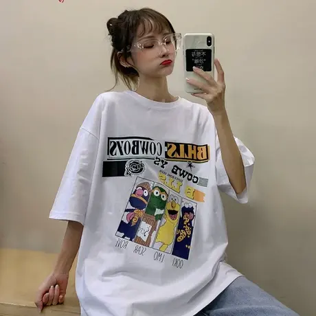 网红ins超火短袖t恤女2022新款夏季宽松韩版原宿bf慵懒风上衣服潮商品大图