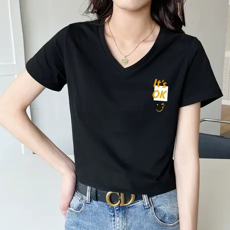 纯棉t恤女黑色短袖V领夏季上衣2022新款宽松学生直筒t桖纯棉上衣图片