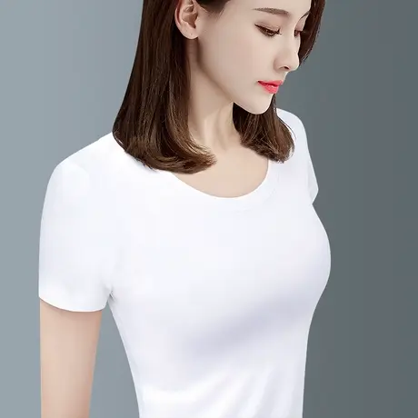 白色t恤女圆领短袖纯棉纯色修身打底衫内搭基础上衣百搭显瘦体恤商品大图