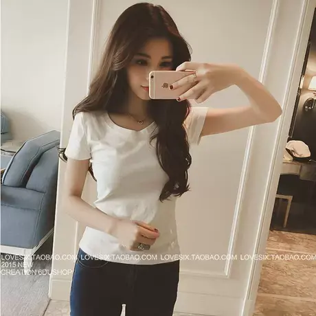 纯白色t恤女V领短袖夏装2023新款宽松韩范纯色半袖体恤学生衣服图片