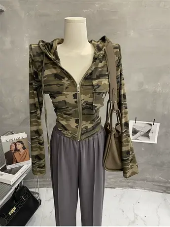 时髦帅气～迷彩连帽卫衣女修身长袖T恤短款外套早秋拉链开衫2022商品大图