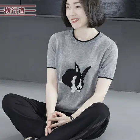 简约可爱圆领兔子宽松针织短袖上衣服女外穿大码休闲2025夏季新款商品大图
