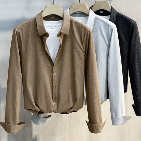 2023春秋纯色衬衫男长袖免烫提花寸衫韩版高级感轻商务抗皱衬衣潮商品大图