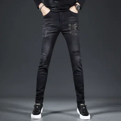 高端黑色牛仔裤男款烫钻修身小脚裤2023新款秋季潮牌男士裤子春秋商品大图