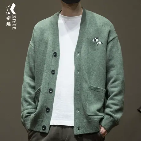 希越7针刺绣开衫针织毛衣外套男士秋冬季宽松大码高级感大V领衬衫商品大图