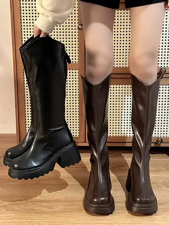 长筒靴女厚底粗跟小个子粗腿胖mm显瘦长靴2023新款秋冬高筒骑士靴图片