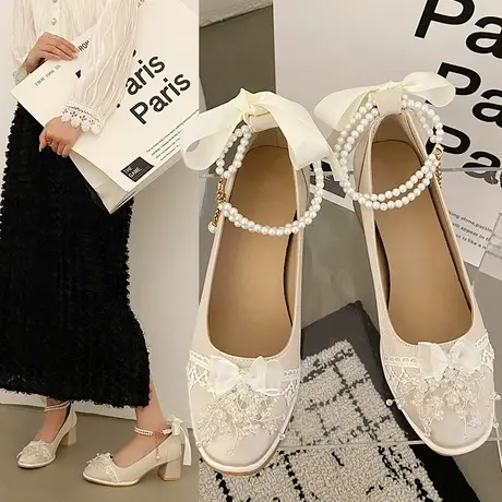 配旗袍高跟鞋女2024新款玛丽珍鞋国风气质粗跟单鞋新中式汉服鞋子图片