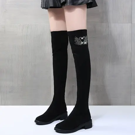 长筒靴女过膝平底弹力靴2023秋冬新款水钻显瘦粗跟高筒靴加绒靴子图片