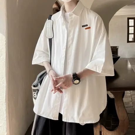 短袖衬衫男夏季薄款高级感日系五分半袖潮牌宽松翻领休闲衬衣外套商品大图