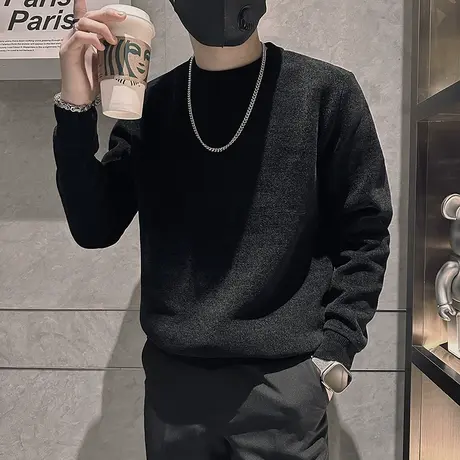 冬季毛衣男简约加绒加厚时尚潮牌纯色宽松套头保暖内搭针织衫上衣商品大图