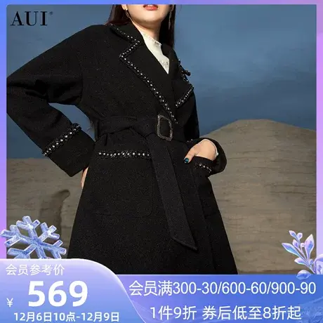 AUI黑色赫本风修身毛呢外套女2023冬新款御姐气质小个子呢子大衣图片