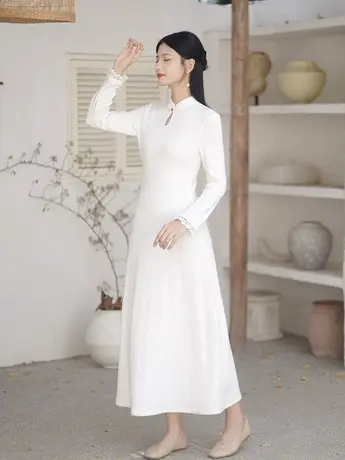T60288中式立领改良旗袍白色连衣裙图片