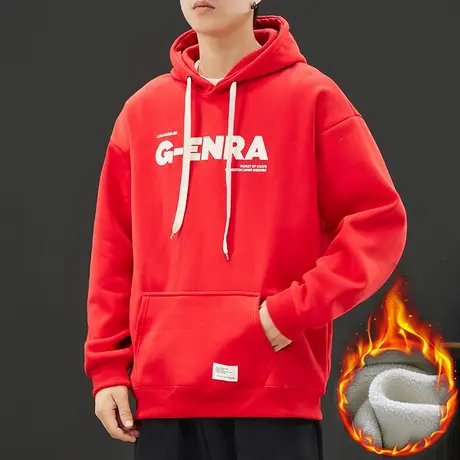 秋冬款美式潮牌重磅红色卫衣冬季新款男装加绒加厚连帽上衣服外套图片
