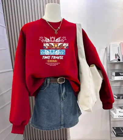 大红卫衣本命年喜庆冬季外套oversize大码加绒ins宽松慵懒风上衣商品大图