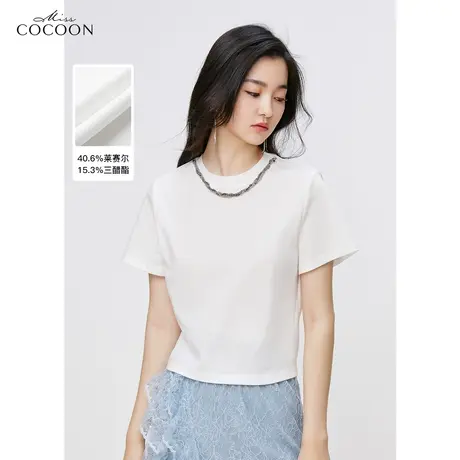 MISSCOCOON莱赛尔法式白色短袖T恤女装2023新款夏装圆领打底上衣商品大图