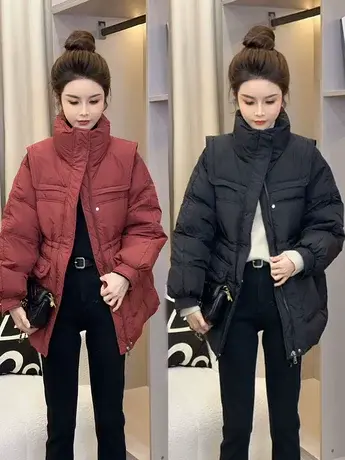 中长款白鸭绒坎肩立领羽绒服外套女冬季新款抽绳收腰小个子外套潮商品大图