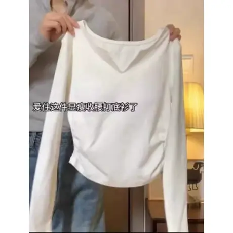 2024新款V领长袖T恤女春季韩版修身短款露脐上衣辣妹内搭打底衫潮商品大图