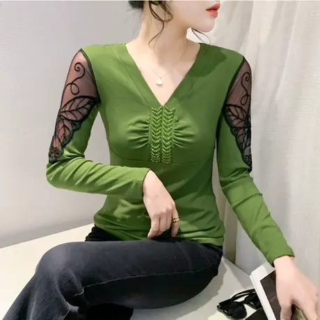 时尚气质镂空V领拼接钉珠上衣打底衫女内塔蝴蝶刺绣长袖修身T恤潮商品大图