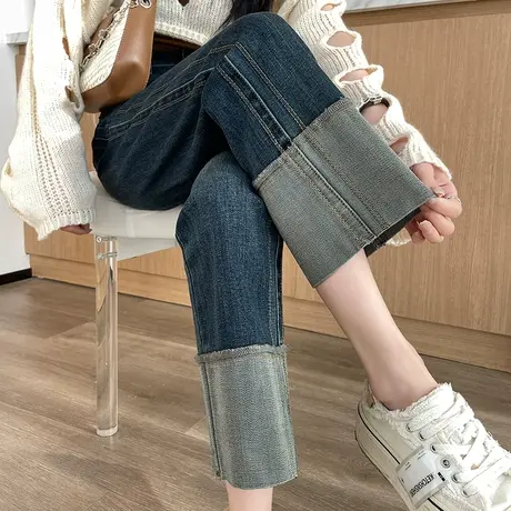 高腰直筒牛仔裤女宽松设计感2024年春秋新款复古九分卷边烟管裤子商品大图