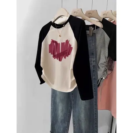 短款小个子插肩袖T恤女春季韩版显瘦修身打底衫纯棉撞色长袖上衣商品大图