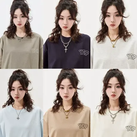 YEP简约字母厚板胶印花短袖t恤女2025春夏新款复古情侣装宽松上衣商品大图