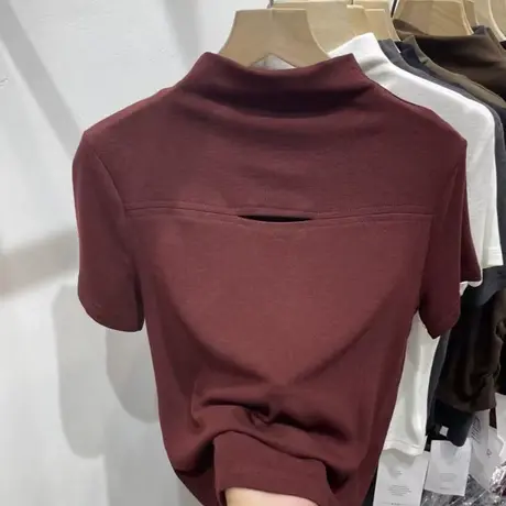 半高领镂空设计感小众半袖体恤上衣女夏季韩版修身显瘦短袖T恤潮商品大图