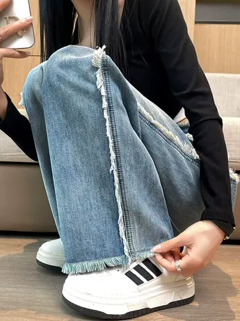 毛边窄版牛仔裤女2024春秋新款宽松垂感时尚百搭高腰显瘦拖地裤子商品大图