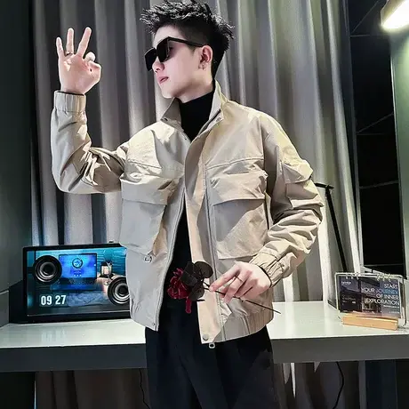 春季口袋外套男2024潮牌休闲工装立领夹克男装痞帅飞行员褂子上衣商品大图