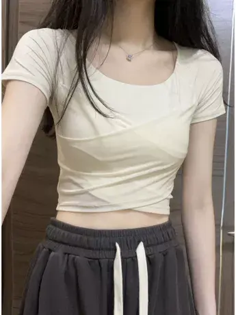 正肩短袖t恤女夏季设计感小众修身别致内搭甜辣运动健身短款上衣商品大图