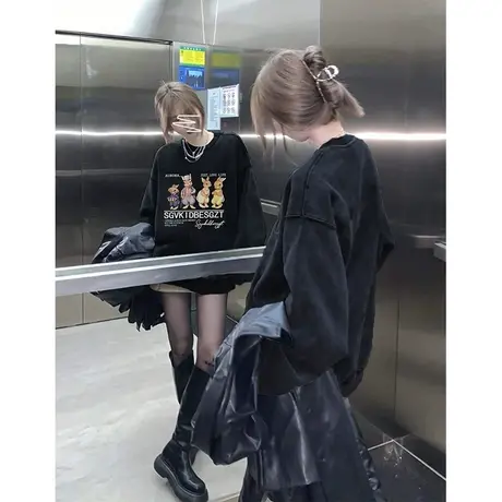 设计感兔子印花卫衣女2024新款春秋薄款ins潮牌宽松大码早春上衣图片