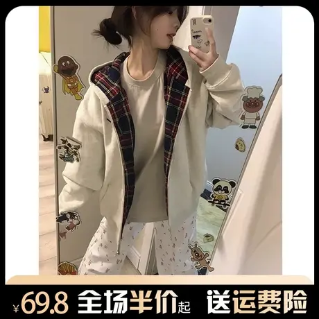 格子拼接开衫卫衣女秋冬宽松慵懒风小众设计感港味chic外套上衣潮图片