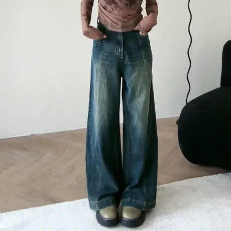 尔给复古蓝潮牌高腰阔腿牛仔裤女2024早春新款小个子直筒宽松裤子图片