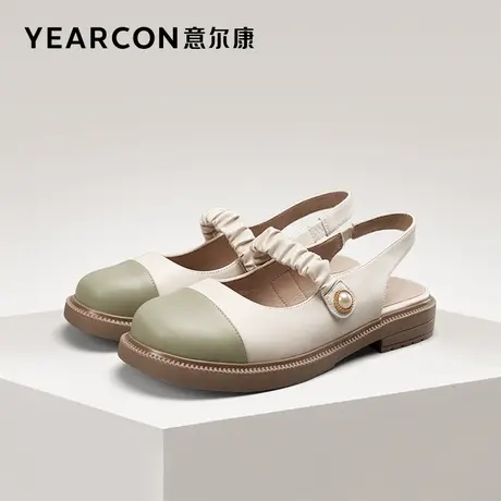 意尔康女鞋夏季包头凉鞋真皮粗跟中跟皮鞋法式仙女风外穿松紧带商品大图