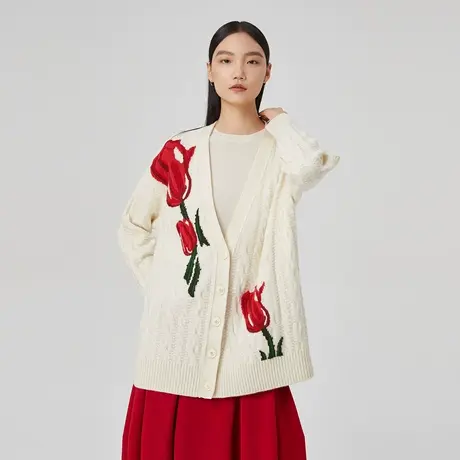 【纯羊毛】LANCY/俪雅长袖V领粗针开衫女春季新款羊毛衫图片
