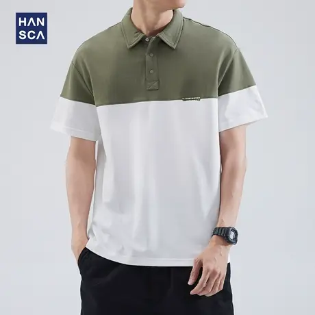 hansca 撞色短袖t恤男polo衫夏季潮牌拼接美式休闲宽松半袖上衣服商品大图