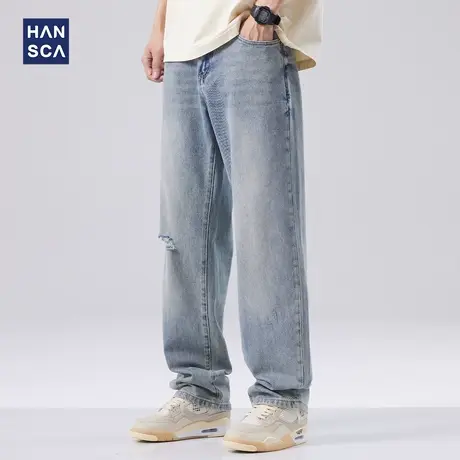 hansca美式高街破洞牛仔裤男春季新款长裤宽松休闲直筒阔腿裤子男商品大图