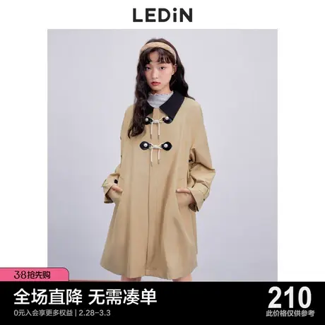 乐町拼接领风衣休闲秋季新甜美中长款风衣外套女宽松设计感小个子图片