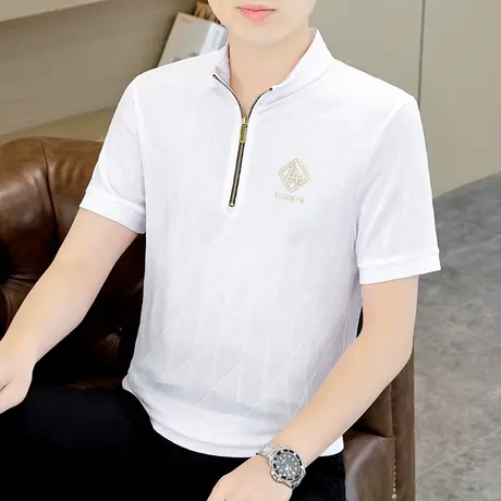 潮牌冰丝短袖男t恤夏季半拉链立领POLO衫休闲男装半袖体恤欧版薄T商品大图