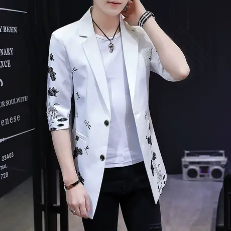 男士帅气薄款夏装无袖风衣中长款韩版花西服发型师潮流修身型披风图片