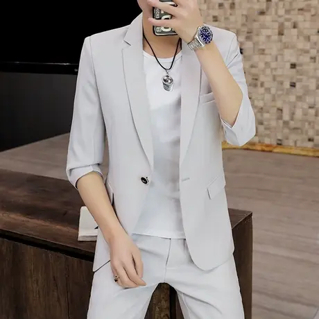 男士休闲西服夏季中袖韩版潮流九分裤搭配一套装男装七分袖小西装商品大图