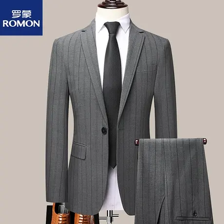 罗蒙西服套装男士条纹外套休闲正装伴郎服新郎结婚职业面试两件套图片