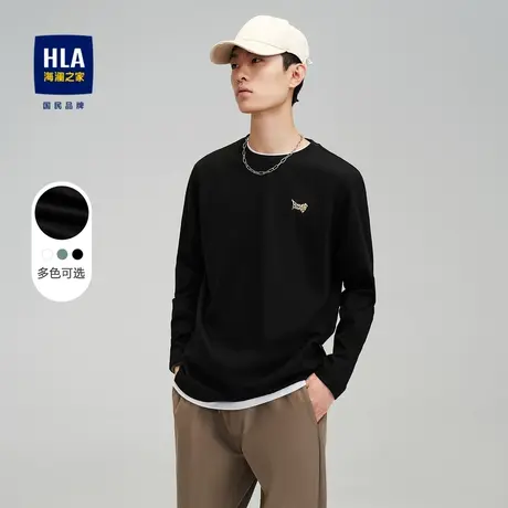HLA/海澜之家长袖T恤秋季冬新款圆领刺绣打底内搭黑色保暖长t男装商品大图
